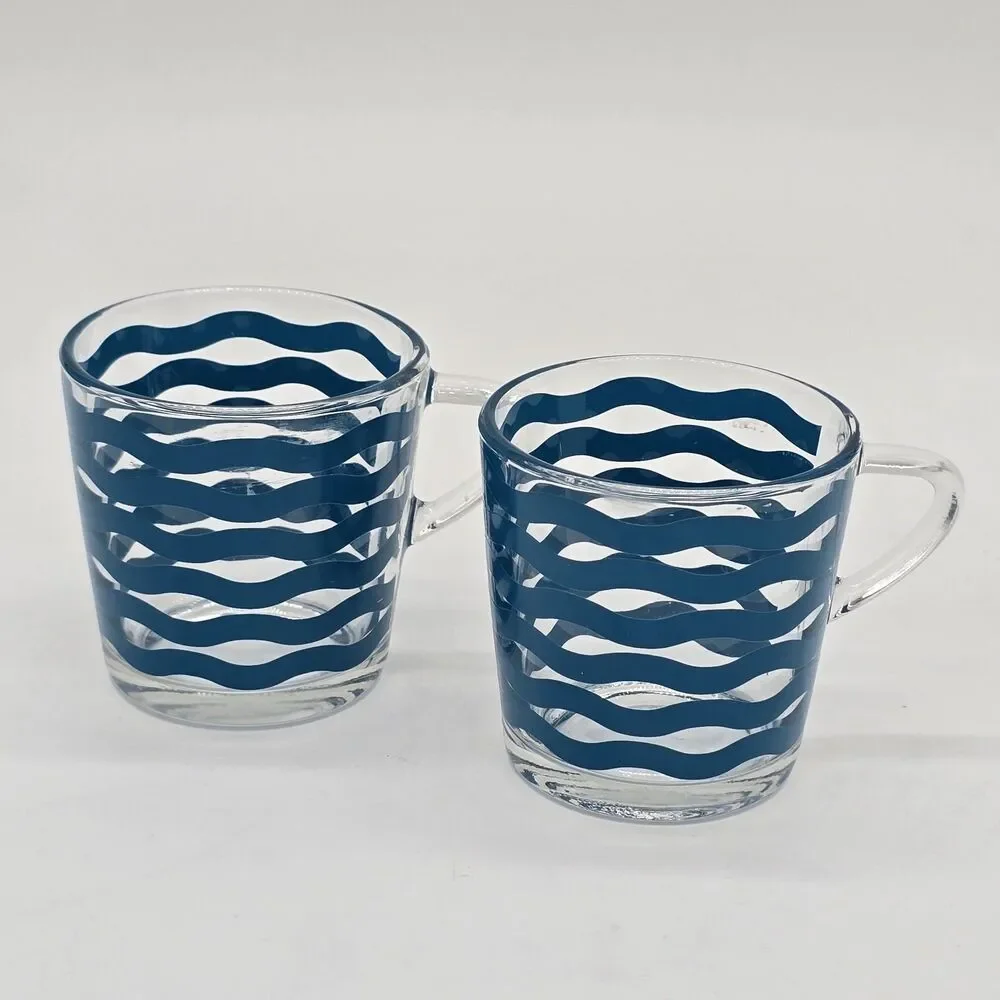 Set of 2 IKEA Glass Mugs 18314 Blue Wave Made in France